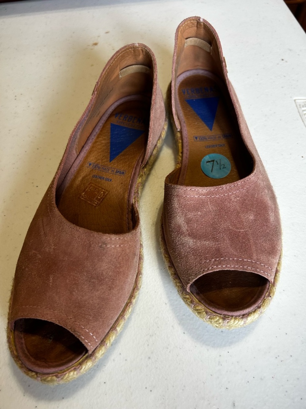 Verbenas Cruz Peep Toe Espadrilles Suede Flats Sz 7.5 Pinkish Leather Spain